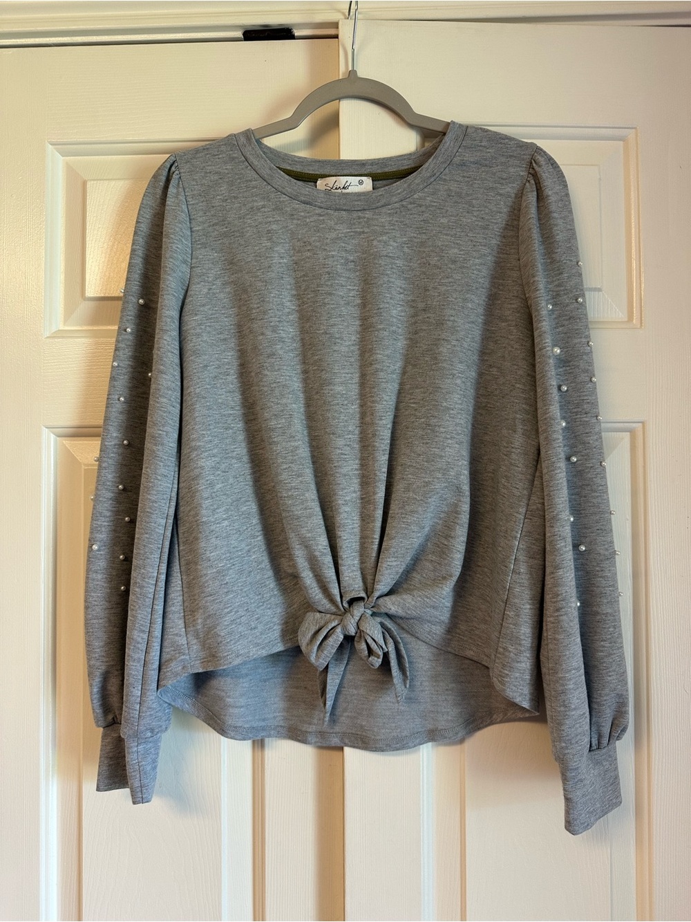 Tie-Front Gray Pearl-Accent Long Sleeve Top